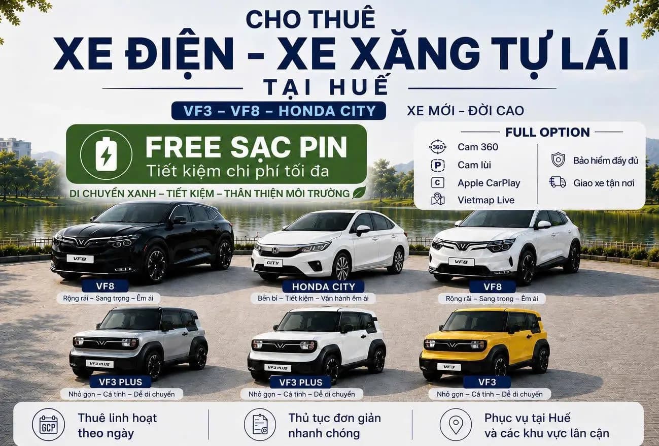 Đội xe tự lái TRẠM NHÀ MINT tại Huế gồm VinFast và Honda City